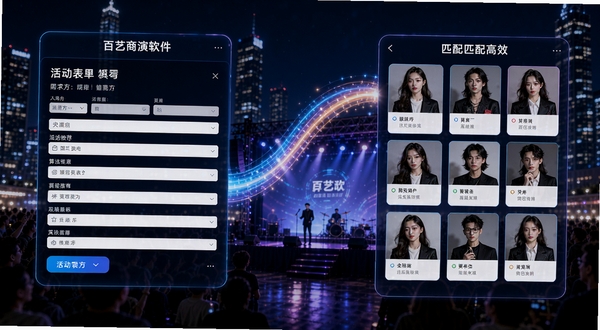 百艺商演软件智能匹配功能示意图,左侧为需求方填写的活动表单界面,右侧为匹配出的艺人卡片列表,界面之间以动态光效曲线连接,背景为城市夜景中的演出现场,突显算法推荐的精准与高效,画面色彩明亮,科技感强