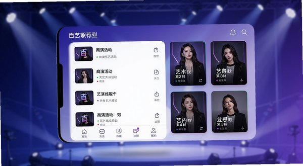 百艺商演移动应用主界面预览图,画面中央显示商演活动列表与艺人推荐卡片,背景采用深浅蓝紫色渐变色调,手机界面元素悬浮于抽象舞台灯光之上,整体构图清晰展示软件核心的供需匹配功能,配合现代简约的UI设计风格,突出商演服务平台的便捷与专业感