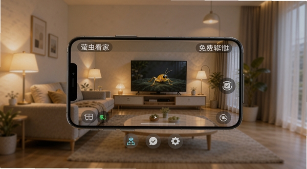 萤虫看家免费软件界面预览图,画面中央为手机实时监控画面,背景为现代简约客厅,暖色调灯光,画质清晰流畅,界面图标布局合理,突出安全看家主题