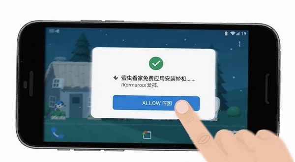 萤虫看家免费应用安装在手机上的操作步骤示意图,画面展示手机界面上的权限授权弹窗,手指点击允许按钮,背景为简洁的安卓桌面,突出安全可靠