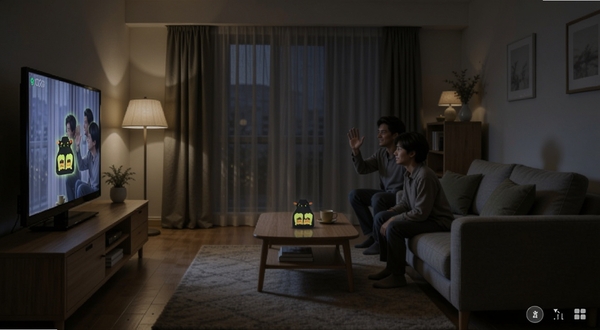 萤虫看家免费夜间监控模式效果图,画面显示昏暗的客厅场景,但通过软件增强后人物轮廓和家具细节清晰可见,画质细腻,突出夜视功能强大