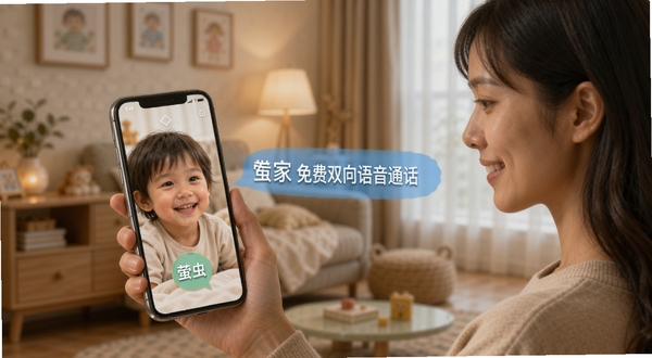 萤虫看家免费双向语音通话功能示意图,画面展示一位年轻妈妈通过手机与家中孩子对话,手机屏幕上显示孩子笑脸,背景为温馨家庭房间,突出语音交互清晰流畅