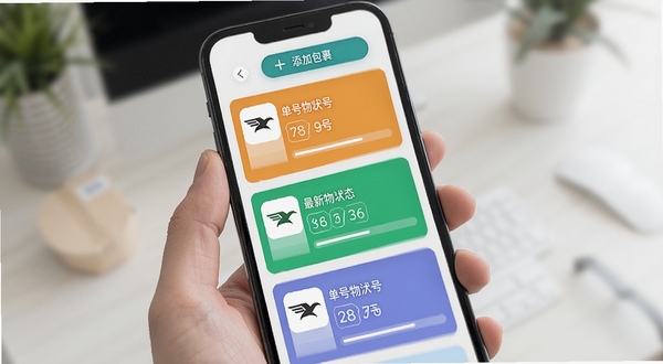 飞鸟包裹快递查多包裹管理界面,手机屏幕显示多个快递卡片列表,每个卡片显示快递公司logo、单号、最新物流状态和进度条,卡片背景颜色各异,界面整洁有序,突出批量管理和状态可视化,顶部有“添加包裹”按钮,整体风格清新明亮