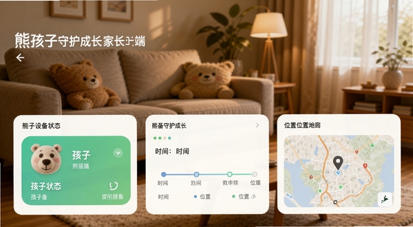熊孩子守护成长-家长端主界面预览图,显示孩子设备状态卡片、时间轴、位置地图等核心功能模块,背景为温馨客厅,暖色调,界面清晰现代