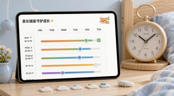 熊孩子守护成长-家长端时间计划设置页面,显示一周时间表,彩色滑块调节,背景为卧室时钟,清新风格