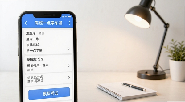 驾照一点学车通主界面展示,智能手机屏幕显示题库列表与模拟考试按钮,背景为简洁书桌与台灯,画面干净明亮,突出学车备考氛围,软件名称完整显示在屏幕顶部