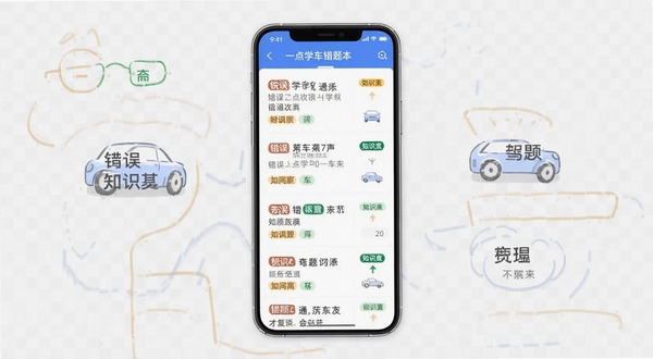 驾照一点学车通错题本功能示意图,手机界面展示错题列表,每道题标注错误次数与知识点标签,背景有浅灰色网格,强调数据整理与回顾复习的概念。