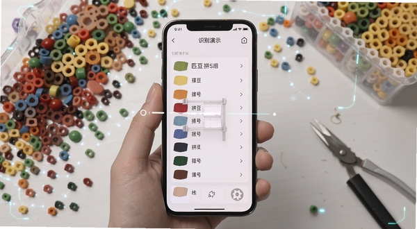 拼豆豆拼图纸色号识别功能演示,手机扫描拼豆色卡,屏幕显示匹配的色号列表,背景为散落的拼豆颗粒,界面简洁直观,科技感与手工感结合