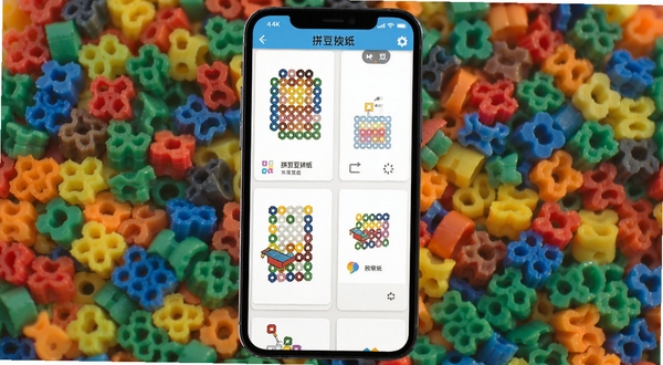 拼豆豆拼图纸软件主界面预览图,手机屏幕显示拼豆图纸列表,背景为彩色拼豆颗粒,画面主体居中,清晰展示软件名称,现代扁平化风格,明亮色彩,4k画质