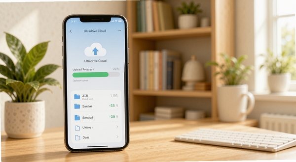 Ultradrive Cloud 数据备份示意图,画面主体为智能手机屏幕中显示云端上传进度条与文件数量统计,背景是整洁的家庭书房一角,有绿植点缀,色彩温馨,突出智能备份的安全感与便捷性,画面清晰明亮
