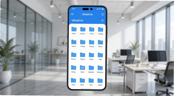 Ultradrive Cloud 手机界面预览图,画面主体为应用主界面的文件分类列表,背景是模糊处理的现代化办公室场景,文件图标排列整齐,色调以蓝白为主,光线明亮柔和,整体风格清爽科技感,竖版构图
