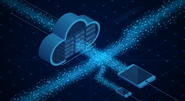 Ultradrive Cloud 技术架构图示,画面主体为抽象的云服务器与移动设备之间的数据流线条,背景为深蓝色科技网格,线条为流动的亮蓝色光效,突出高速与稳定传输的视觉效果,横向构图