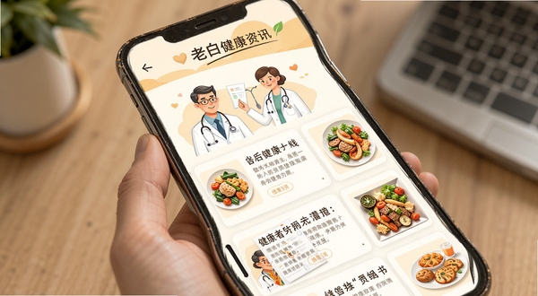 老白健康资讯页面展示,智能手机屏幕中显示健康文章列表,配有医生形象插画与食物图片,界面干净,图文并茂,色调温暖,体现专业健康知识传播