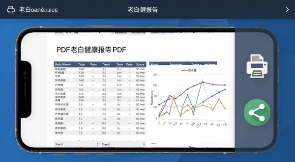 老白健康报告导出界面,手机屏幕显示PDF报告预览,包含数据表格与曲线图,背景有打印机与分享图标,整体风格商务简洁,突出实用性与专业性