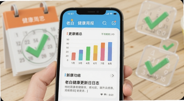老白健康更新日志配图,手机屏幕展示健康周报界面,包含彩色图表与总结文字,背景有日历与对勾图标,设计现代,色调明快,突出新功能亮点