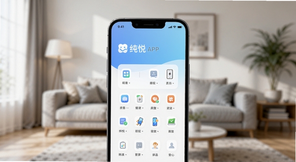 一幅现代简约风格的手机应用界面预览图,画面中央展示纯悦APP的主屏幕,背景采用柔和的蓝白渐变色调,界面图标线条流畅,整体画面干净明亮,突出生活服务与工具整合的主题,前景放置一部智能手机,屏幕占比约70%,背景为模糊的客厅环境,光线充足,符合Boogu模型的写实渲染风格。