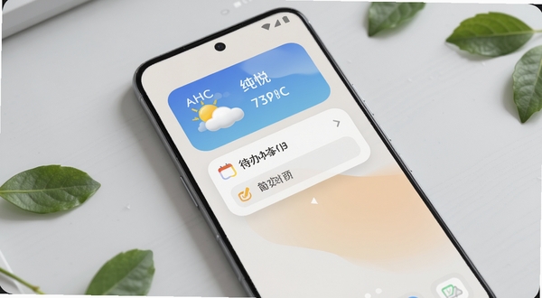 纯悦APP桌面小组件应用场景图,一部安卓手机桌面占据画面主体,桌面壁纸为淡雅纯色,上方悬浮着纯悦的天气与待办事项小组件,组件边缘圆润,字体清晰,旁边散落几片绿叶作为点缀,背景为浅灰色桌面,整体风格简约清爽,适合Boogu模型的静物写实风格。