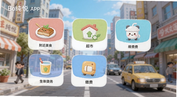 纯悦APP的生活服务功能界面截图示意,画面采用卡片式布局,展示附近美食、超市、缴费等图标,背景为模糊的城市街景,整体色调清新明亮,图标设计圆润可爱,突出实用与便捷感,适合Boogu模型的扁平化插画风格生成。