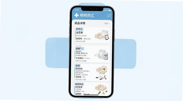 明药汇药品查询软件主界面展示,手机屏幕显示药品详情列表,背景为淡蓝色医疗十字标志,界面清晰简洁,现代扁平化风格,色彩柔和,突出药品名称和说明书关键信息,整体专业可信赖,适配Boogu模型生成