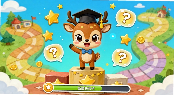 小鹿素养闯关答题界面,画面中央是一只卡通小鹿戴着学士帽站在领奖台上,周围漂浮着金币、星星与问号气泡,背景是色彩缤纷的卡通地图路径,底部有进度条显示当前关卡位置,整体风格充满童趣与成就感氛围