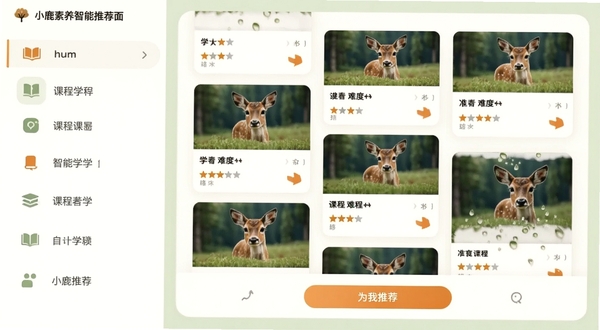 小鹿素养智能推荐界面示意图,左侧是竖排的学科图标列表,右侧是瀑布流卡片式课程预览,卡片上配有缩略图与难度星级,下方有“为我推荐”的橙色按钮,整体色调为暖白与浅绿,画面干净且信息层级分明