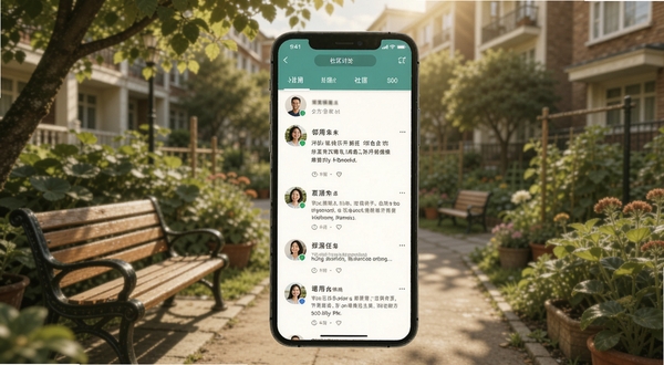 会生活软件的社区讨论页面,手机屏幕上显示用户头像和帖子列表,背景是温馨的居民小区花园场景,有长椅和绿植,阳光透过树叶洒落,色调自然柔和,体现邻里互动与生活气息。