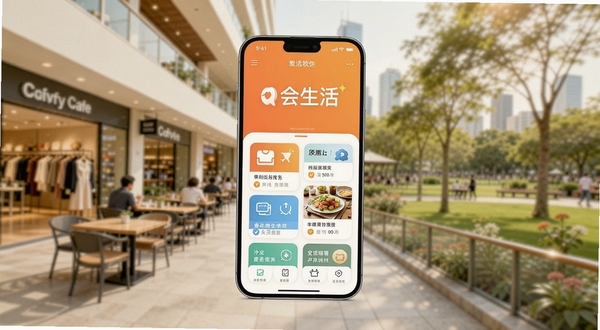一张智能手机屏幕特写,屏幕上清晰显示会生活软件的首页界面,背景是模糊的现代城市生活场景,有商场、餐厅和公园,色调明亮温暖,突出软件的生活服务属性和便捷感,构图以手机为中心,四周留有舒适空间。