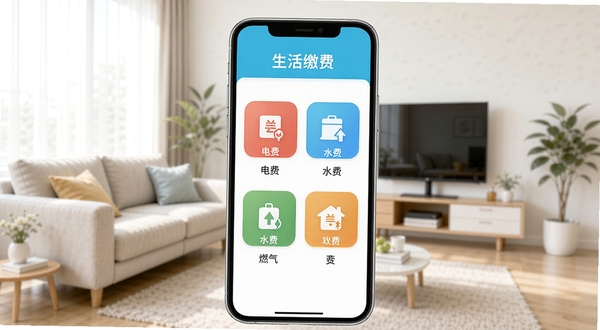 会生活软件的缴费页面截图风格,展示电费、水费、燃气费等多个彩色图标,手机屏幕上方显示“生活缴费”字样,背景为简洁的客厅环境,光线明亮,突出功能清晰易用,画面干净整洁。