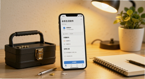 一部手机显示会生活软件的设置页面,旁边放着一个小型工具箱,背景是简约的书桌,有笔记本和绿植,暖黄色灯光,画面突出“问题解决”和“实用工具”的感觉。