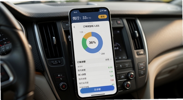悦行优选司机端收入统计页面展示,圆形饼图显示不同订单类型收入占比,下方为详细列表,手机屏幕上方显示总余额和提现按钮,背景为车内中控台,光线柔和,写实。