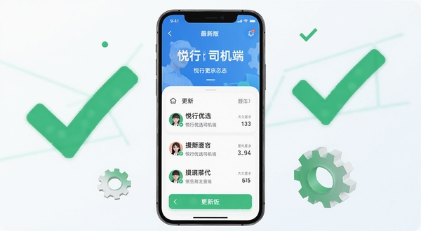 悦行优选司机端最新版更新日志风格图,手机屏幕展示应用更新内容,背景搭配绿色对勾和齿轮图标,简洁现代,色彩明亮。