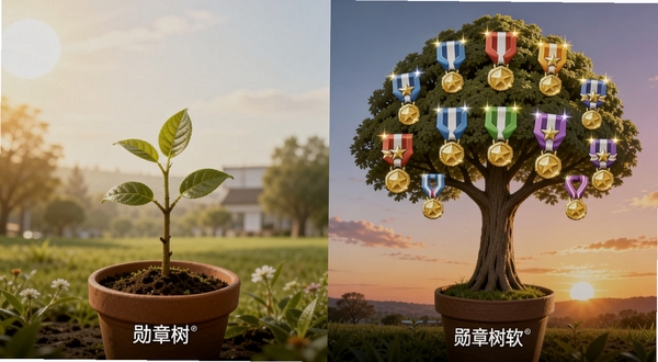 勋章树成长阶段对比图,左侧是刚种下的幼苗插在花盆中,右侧是同款树木已长成参天大树,树冠上闪烁着多枚不同颜色的勋章图标,背景从清晨到黄昏渐变,暗示时间推移,画面需包含勋章树软件名称字样