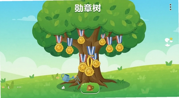 勋章树主界面展示,画面中央一棵枝繁叶茂的卡通大树,树干上挂满金色勋章,树根旁有浇水施肥的交互按钮,背景是清新淡雅的渐变绿色草地与蓝天,整体风格扁平化、色彩明快、UI界面需清晰呈现勋章树APP名称,适配手机竖屏比例