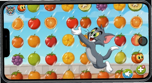 会说话的汤姆猫小游戏界面,屏幕中显示水果雨和汤姆猫跳跃接水果的动感画面,色彩鲜艳,界面友好,游戏元素丰富,卡通风格高清图