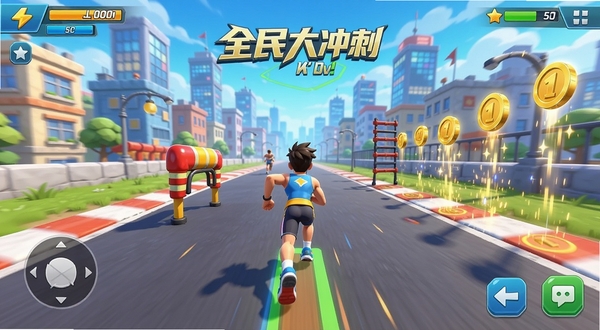 游戏主界面全景预览,展示《全民大冲刺》色彩明快的城市赛道背景,主角呈奔跑姿态位于画面中央,两侧有障碍物与金币特效,动感十足,UI按钮清晰可见,横版构图,高品质手游风格