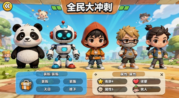 《全民大冲刺》角色选择界面预览,展示一排造型丰富的Q版角色立绘,包括熊猫、机器人、戴兜帽的少年等,下方有装扮与属性面板,背景明亮活泼,UI排版整齐