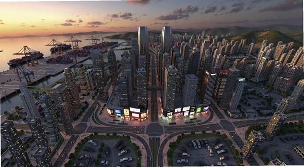钢铁自由城全景预览图,展示一座现代化都市的鸟瞰视角,画面中央是繁华的商业区,高楼林立,道路纵横交错,远处有港口和山丘,天空呈现黄昏色调,细节丰富,风格写实,3D渲染,高分辨率