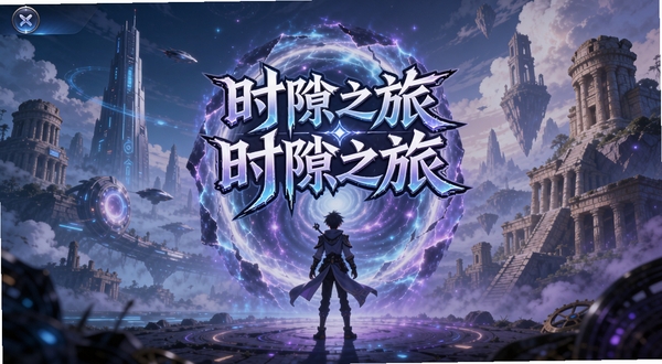 游戏主界面展示,一名角色站在发光的时空裂隙前,背景是未来与远古交织的奇幻世界,画面中央显示“时隙之旅”艺术字logo,整体色调蓝紫渐变,细节丰富,风格唯美梦幻
