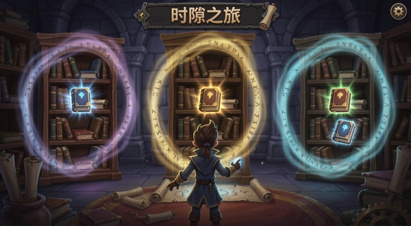 时隙之旅游戏解谜画面,角色在古堡书房中同时开启三个时隙,分别对应不同书架位置,书本发出光芒,表现解谜与时间交错的核心玩法