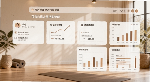 可吉约课会员档案管理页面,展示学员信息卡片包含课时余额与到期日,背景为简约的瑜伽馆一角,色调温馨,界面清晰展示数据统计图表,整体风格专业且友好。