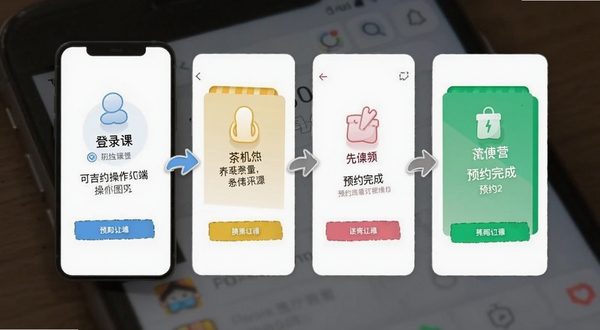 可吉约课手机端操作流程图,展示从登录到预约完成的四个步骤,背景为简洁的手机界面特写,色彩明快,突出用户操作便捷性。