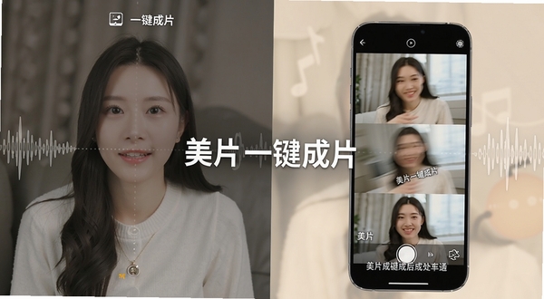 一张展示美片一键成片功能的对比图,左边是导入的原始照片素材,右边是套用模板后自动生成的带有动感转场和字幕的精美短视频效果,背景有音乐波形图案,画面标注“美片一键成片”字样。