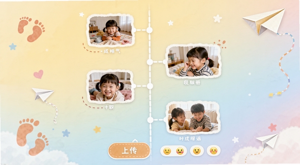 �ɳ����ɳ����ʱ������棬����ʱ����չʾ��ͬ����ε���Ƭ����ͼ���ײ����ϴ���ť�ͱ����ǩ����������͵Ľ���ɫ����׺��С��Ѿ��ֽ�ɻ�Ԫ�أ���������ܰ������ǿ�����䱣����ʱ�����ŵĸж�