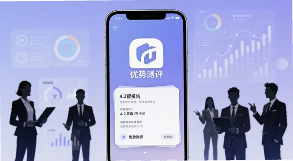 优势测评 手机应用界面展示,画面中央为优势测评LOGO与测评报告卡片,背景为柔和的蓝紫色渐变,周围环绕职场人物剪影与数据图表元素,整体风格现代简约,适配Boogu模型生成
