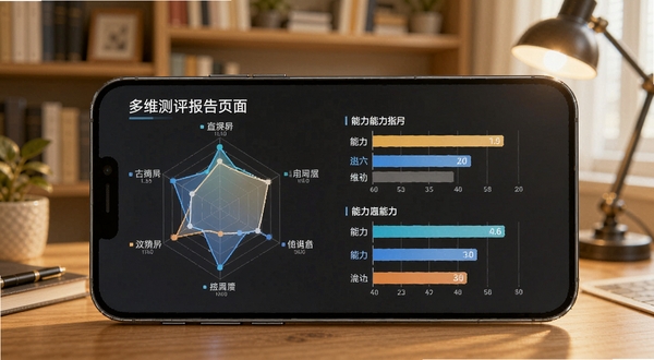 优势测评 多维测评报告页面,画面中展示雷达图与能力条状图,手机屏幕占据画面主体,背景为书房场景,色调温暖明亮,体现专业测评氛围