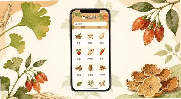 佰杏草堂软件主界面展示,画面中央是手机屏幕模型,屏幕内显示药材图鉴分类列表和搜索框,背景区域布置淡雅的中草药植物插画,如银杏叶、枸杞、陈皮等元素环绕四周,整体色调为温暖的杏色与草绿色,风格清新自然,适配Boogu模型生成
