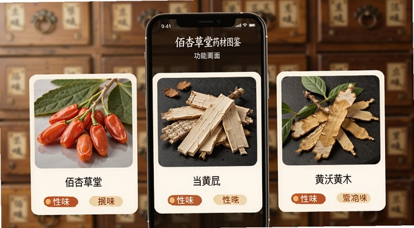 佰杏草堂药材图鉴功能界面,手机屏幕中显示枸杞、当归、黄芪三味药材的卡片式布局,每张卡片包含药材图片和性味标签,背景是木质药柜的虚化影像,画面光线柔和,突出药材的色泽与质感