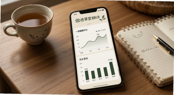 佰杏草堂健康记录页面,手机屏幕显示折线图和柱状图,展示一周睡眠时长与饮水量变化,界面配色为浅米色与墨绿色,背景是书桌一角,摆放着茶杯和笔记本,营造安静记录的氛围