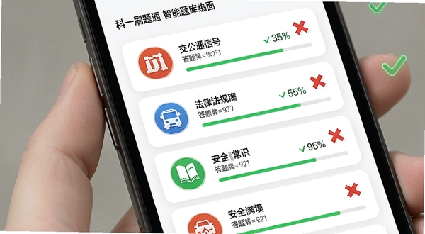 科目一刷题通智能题库分类界面,手机屏幕展示章节练习列表,包含交通信号、法律法规、安全常识等分类图标,每个分类旁有答题进度百分比,背景为白色卡片式设计,点缀绿色对勾和错题标记,画面清晰明亮