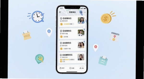 现结兼职软件首页界面展示,画面主体为一部智能手机屏幕,屏幕中显示着各类日结兼职岗位的招聘卡片列表和地图定位图标,背景区域为柔和的浅蓝色渐变,周围漂浮着代表时间与金钱的简约扁平化图标,整体风格现代清新,适配Boogu模型生成
